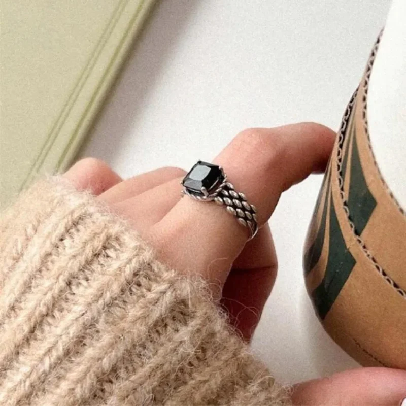 Bague Argent Pierre Noire Carrée