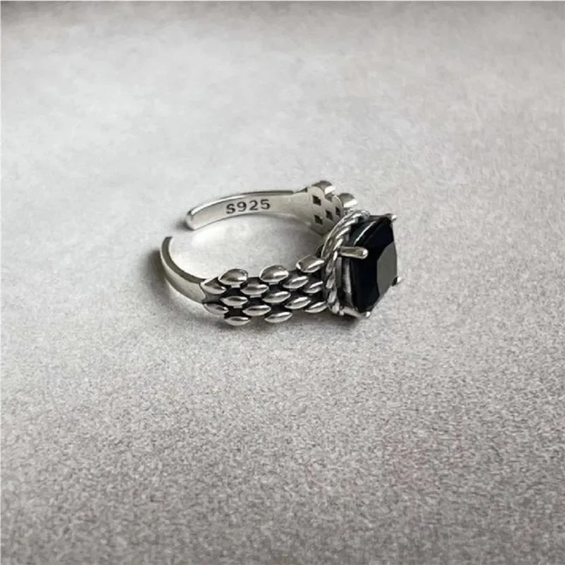 Bague Argent Pierre Noire Carrée