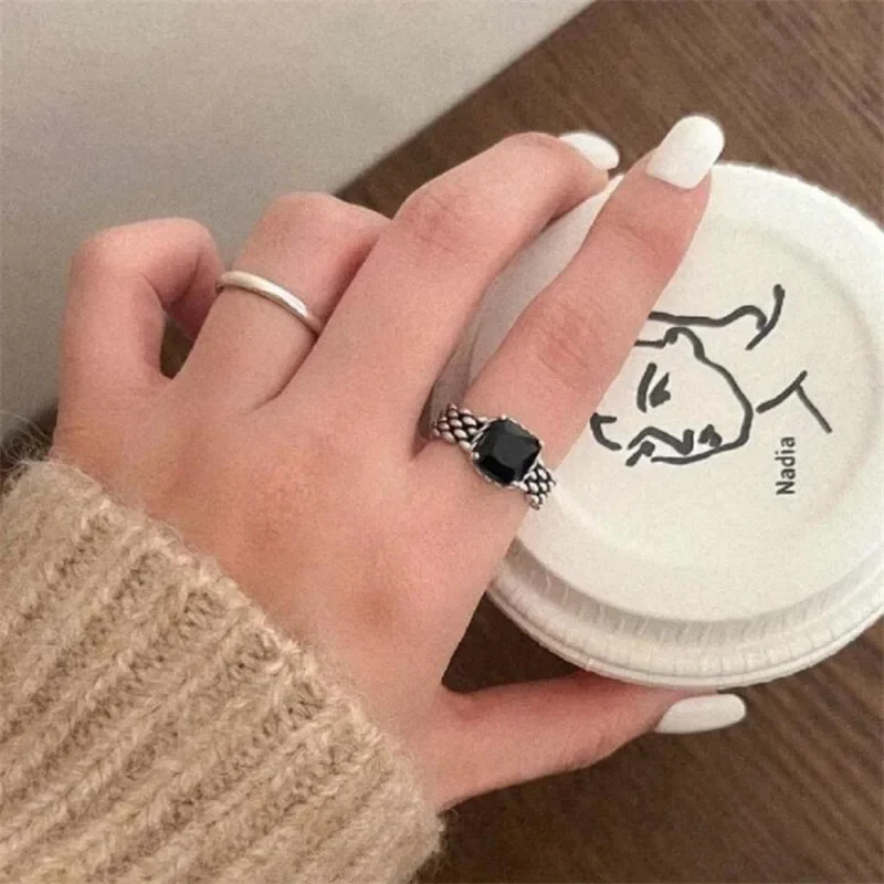 Bague Argent Pierre Noire Carrée