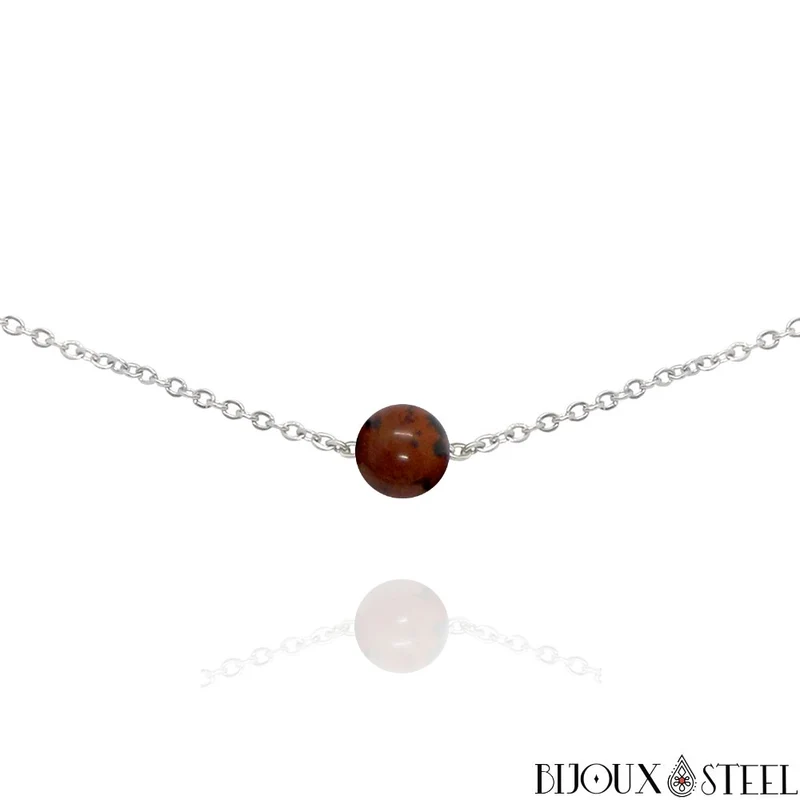 Collier à perle d'obsidienne acajou en acier inoxydable