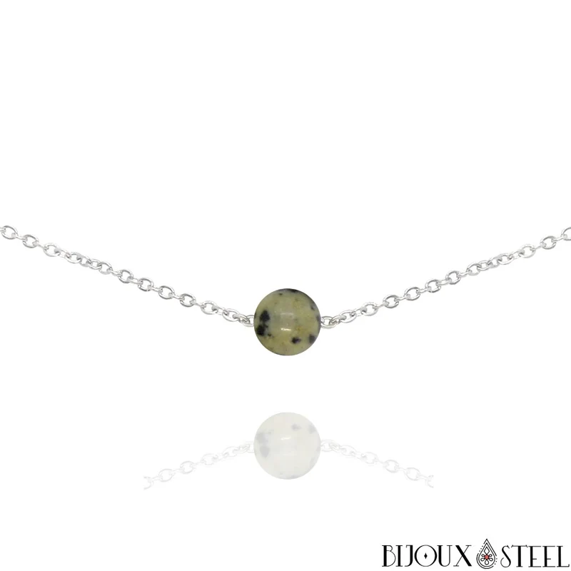 Collier à perle de jaspe dalmatien en acier inoxydable