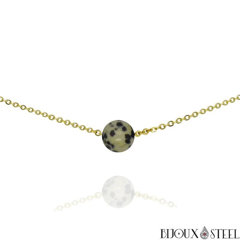 Collier à perle de jaspe dalmatien en acier inoxydable
