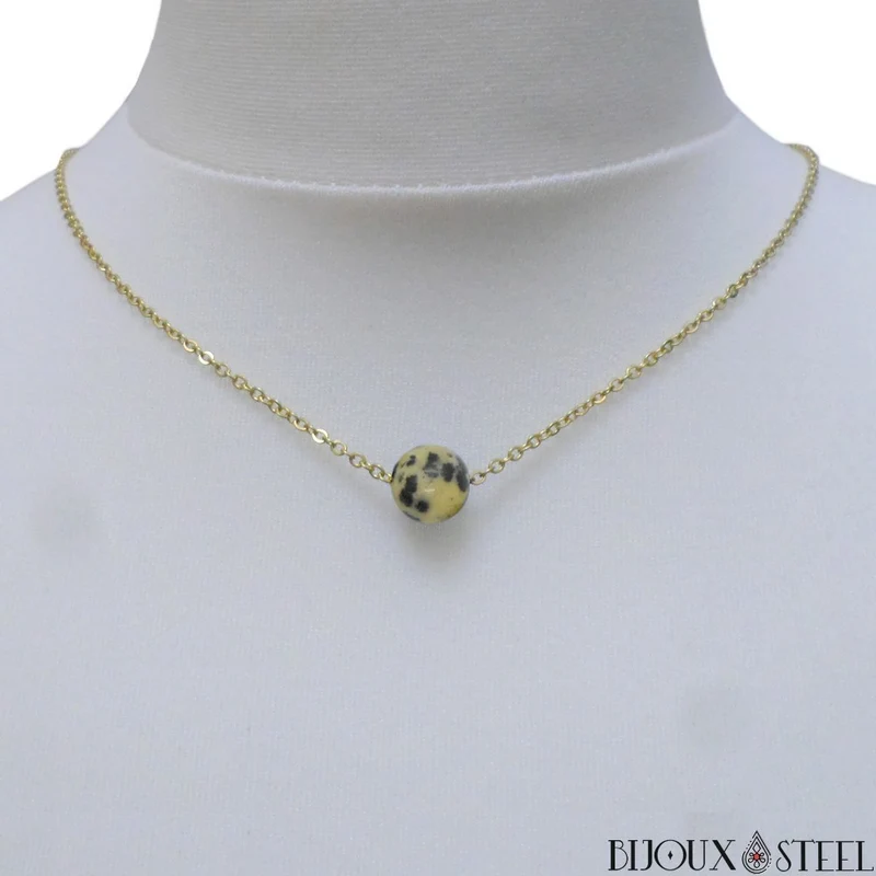 Collier à perle de jaspe dalmatien en acier inoxydable