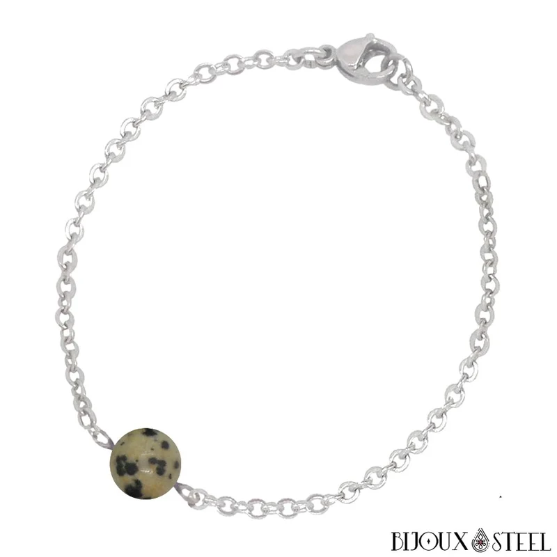 Bracelet à perle de jaspe dalmatien en acier inoxydable