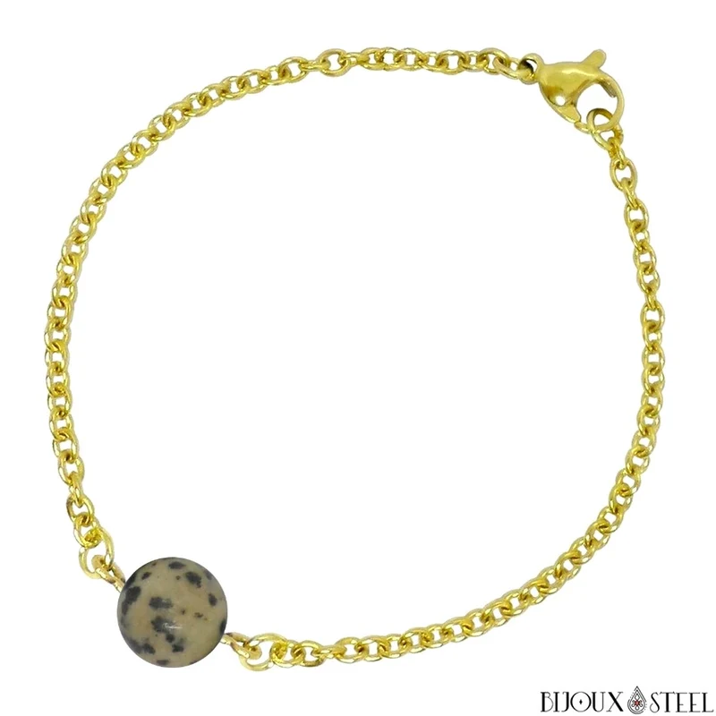 Bracelet à perle de jaspe dalmatien en acier inoxydable
