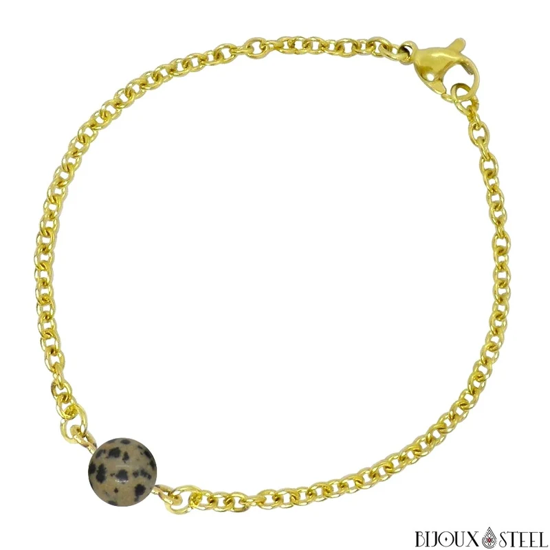 Bracelet à perle de jaspe dalmatien en acier inoxydable