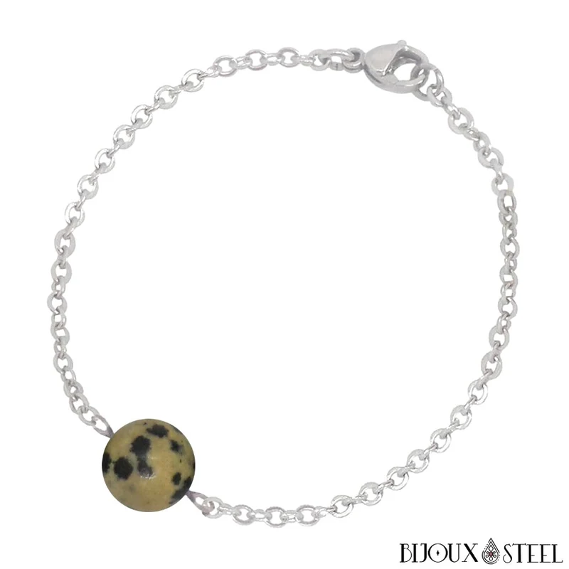 Bracelet à perle de jaspe dalmatien en acier inoxydable