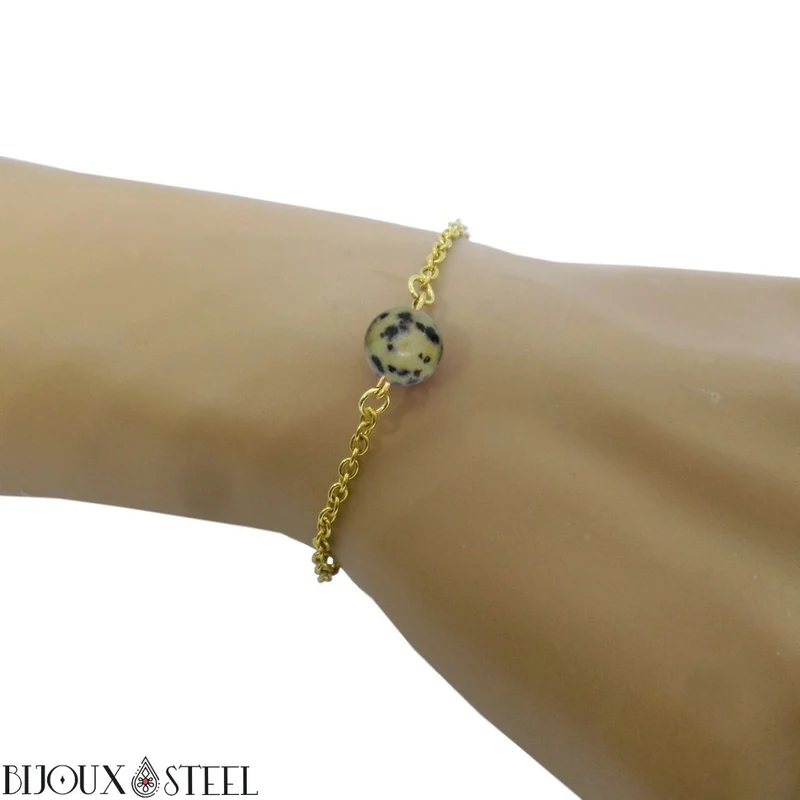 Bracelet à perle de jaspe dalmatien en acier inoxydable