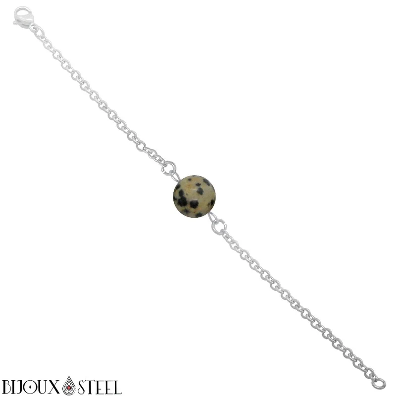Bracelet à perle de jaspe dalmatien en acier inoxydable