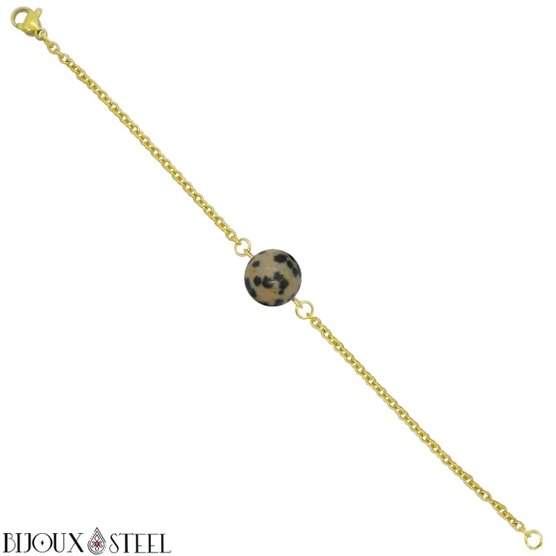 Bracelet à perle de jaspe dalmatien en acier inoxydable