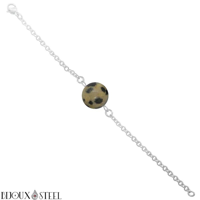 Bracelet à perle de jaspe dalmatien en acier inoxydable