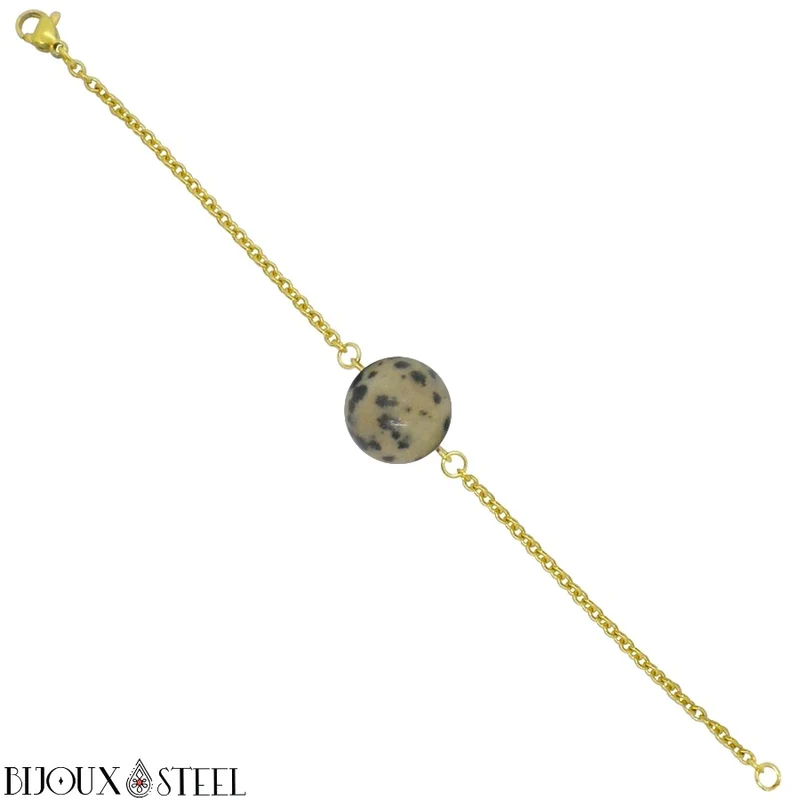 Bracelet à perle de jaspe dalmatien en acier inoxydable