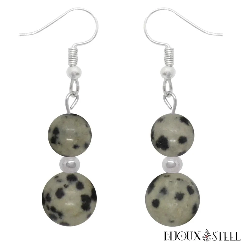 Boucles d'oreilles pendantes doubles perles de jaspe dalmatien