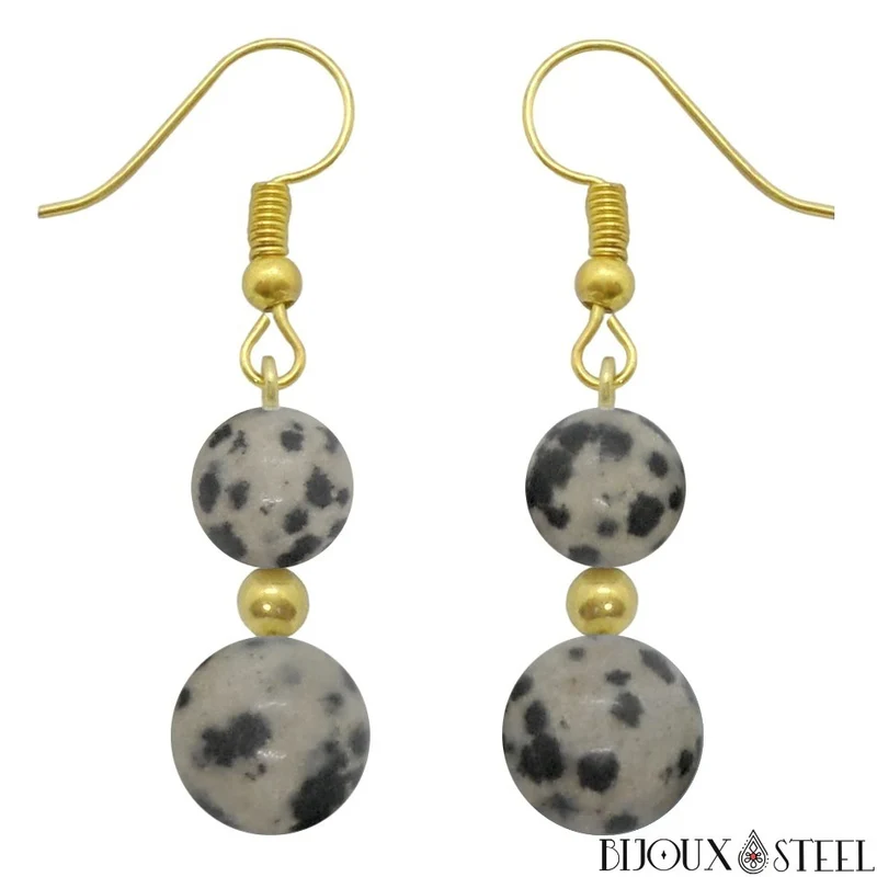 Boucles d'oreilles pendantes doubles perles de jaspe dalmatien
