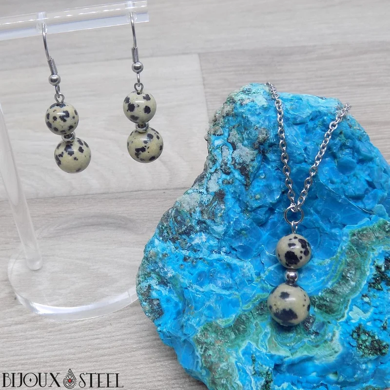 Boucles d'oreilles pendantes doubles perles de jaspe dalmatien
