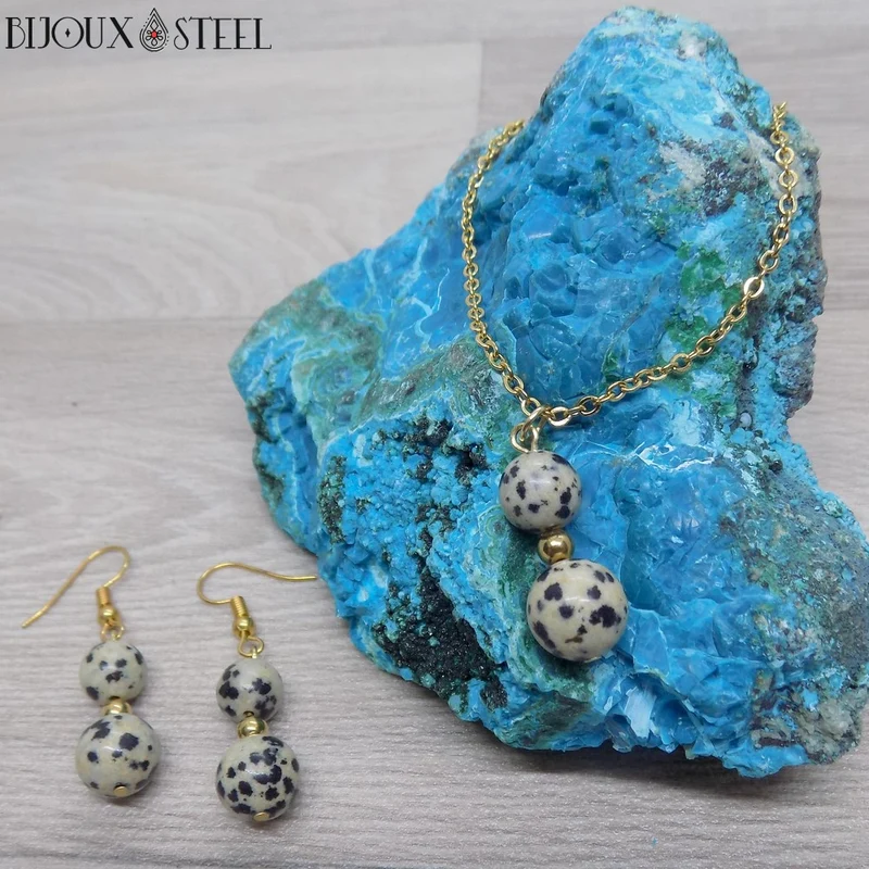 Boucles d'oreilles pendantes doubles perles de jaspe dalmatien