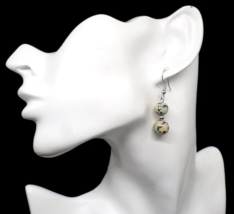 Boucles d'oreilles pendantes doubles perles de jaspe dalmatien