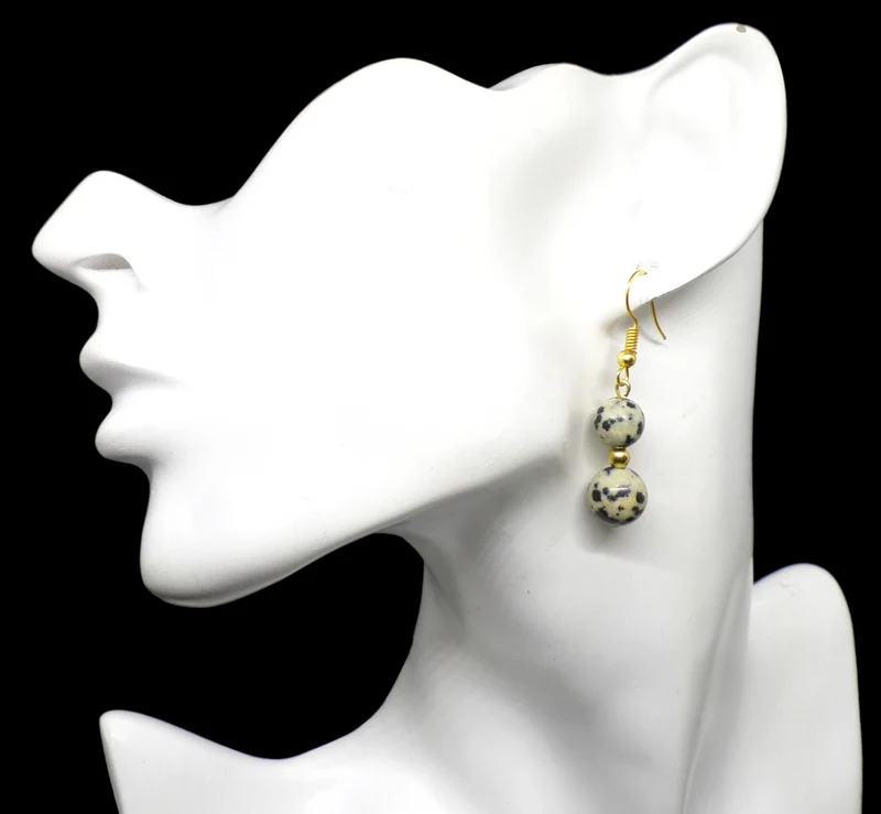 Boucles d'oreilles pendantes doubles perles de jaspe dalmatien