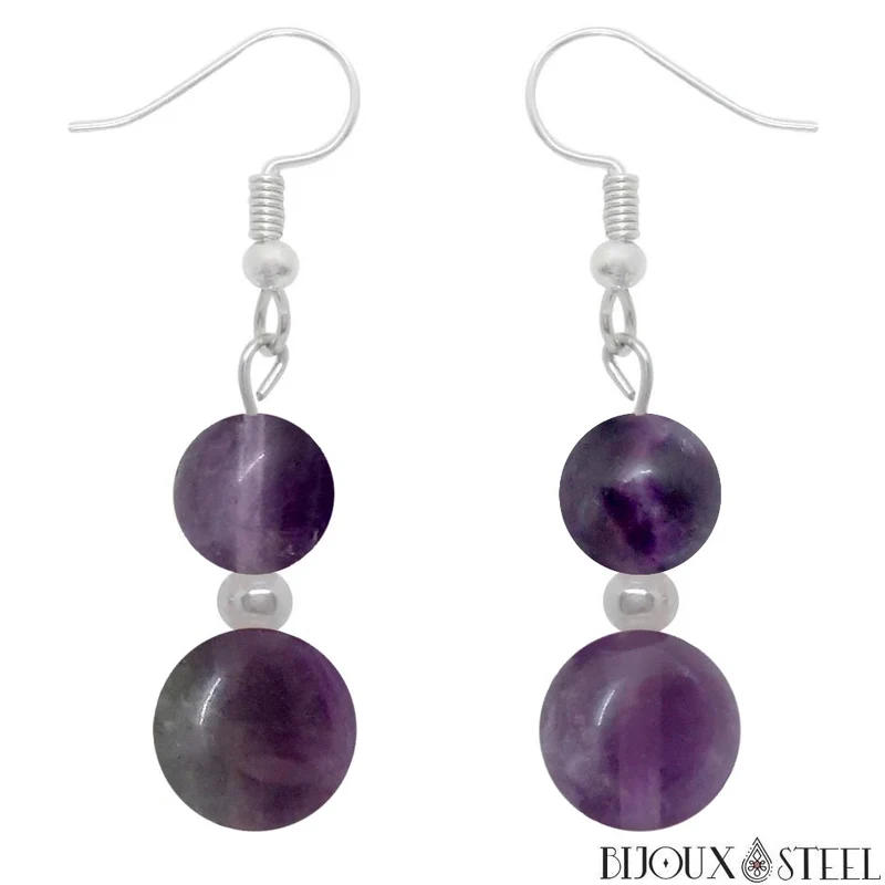 Boucles d'oreilles pendantes doubles perles de fluorite violette
