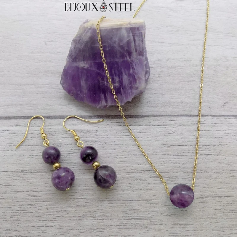 Boucles d'oreilles pendantes doubles perles de fluorite violette