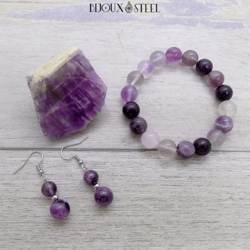 Boucles d'oreilles pendantes doubles perles de fluorite violette