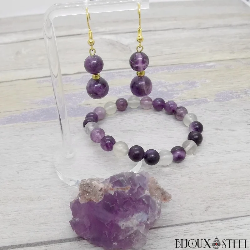 Boucles d'oreilles pendantes doubles perles de fluorite violette