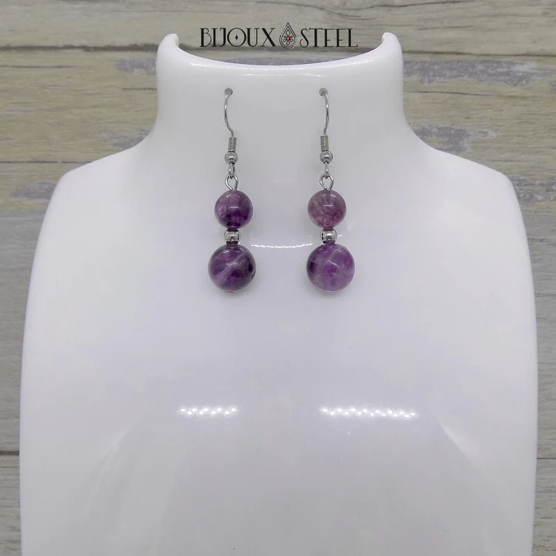 Boucles d'oreilles pendantes doubles perles de fluorite violette