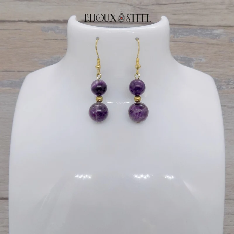 Boucles d'oreilles pendantes doubles perles de fluorite violette