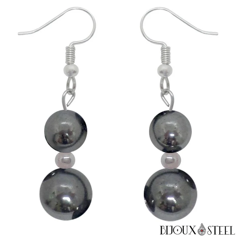 Boucles d'oreilles pendantes doubles perles d'hématite