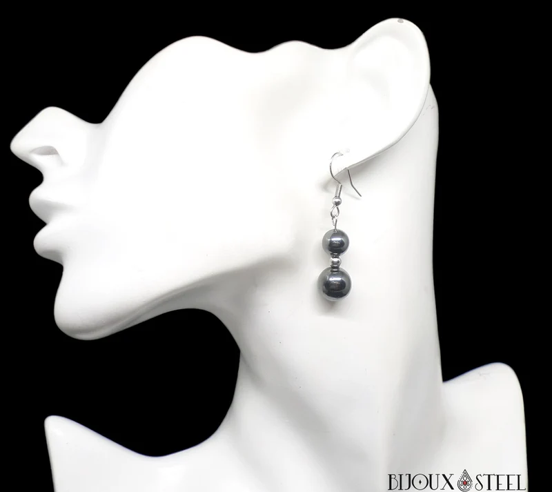 Boucles d'oreilles pendantes doubles perles d'hématite