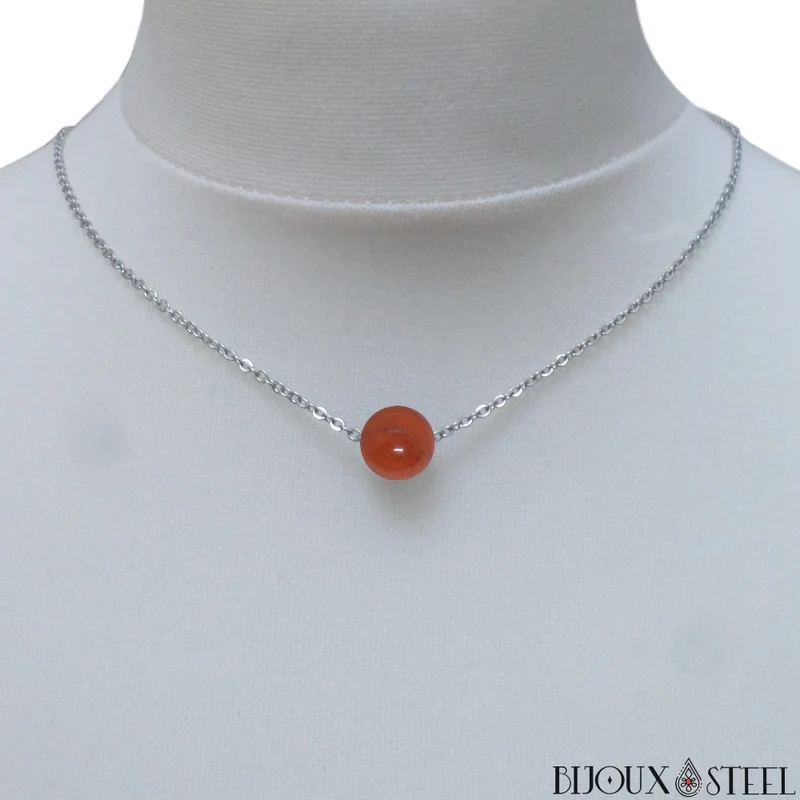 Collier à perle de jaspe rouge en acier inoxydable