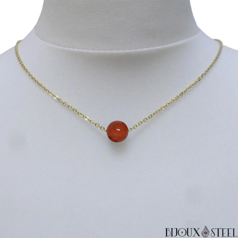 Collier à perle de jaspe rouge en acier inoxydable