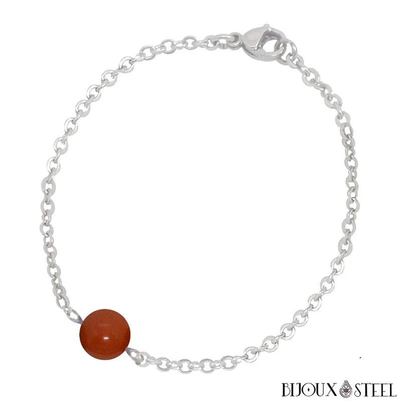 Bracelet à perle de jaspe rouge en acier inoxydable