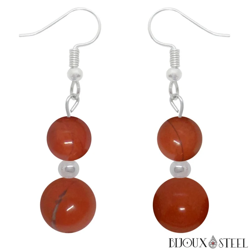 Boucles d'oreilles pendantes doubles perles de jaspe rouge