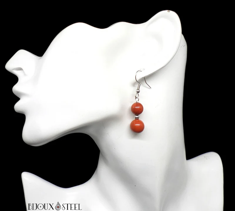 Boucles d'oreilles pendantes doubles perles de jaspe rouge