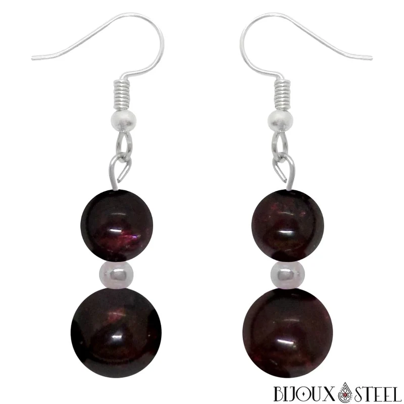 Boucles d'oreilles pendantes doubles perles de grenat
