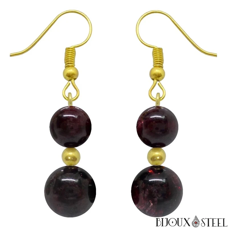 Boucles d'oreilles pendantes doubles perles de grenat