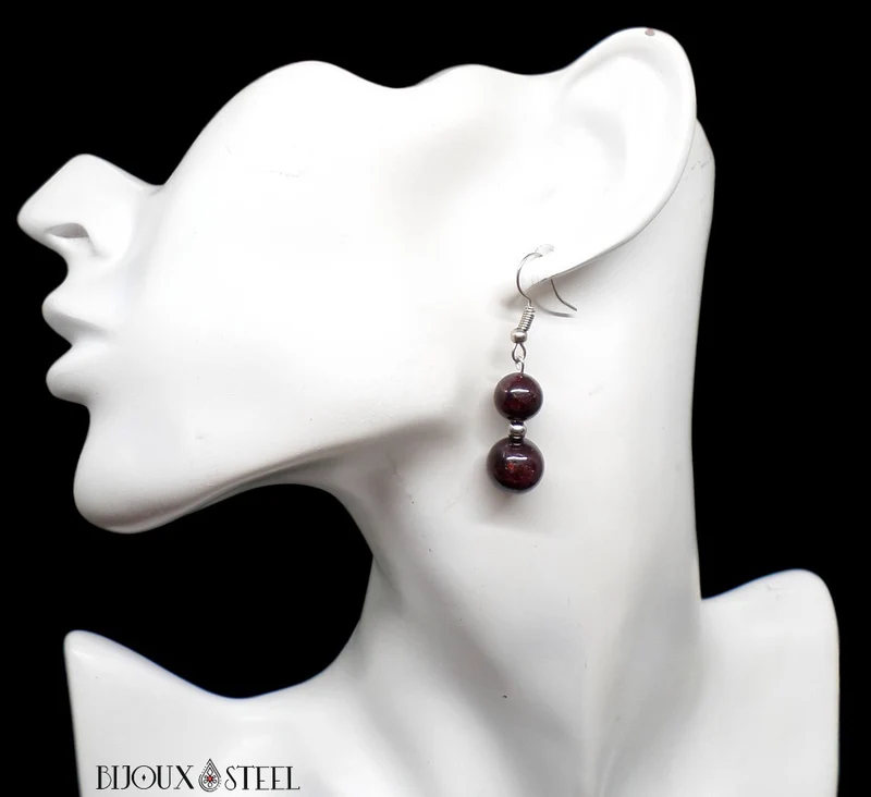 Boucles d'oreilles pendantes doubles perles de grenat