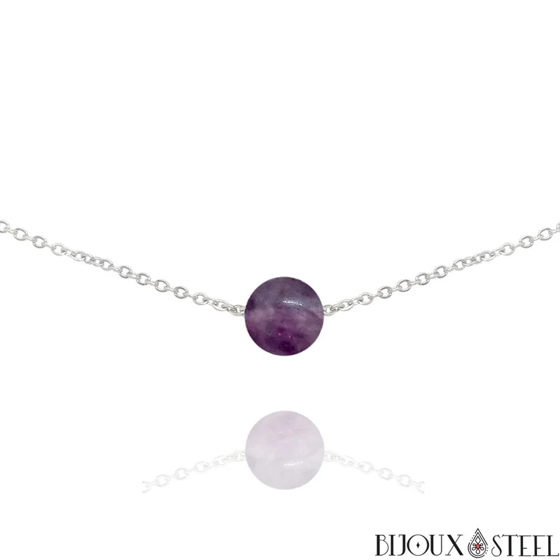 Collier à perle de fluorite violette en acier inoxydable