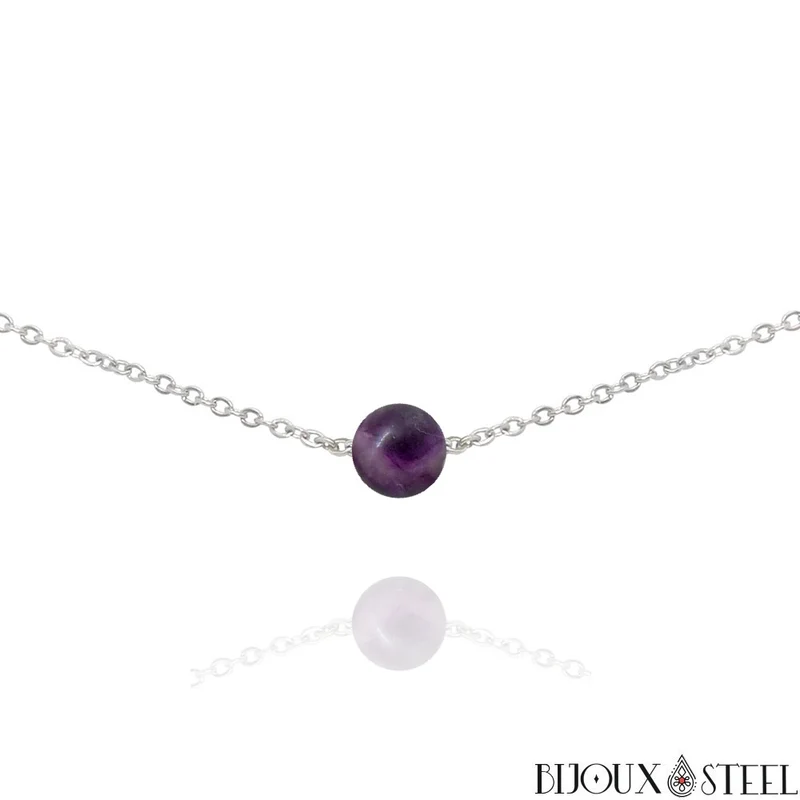 Collier à perle de fluorite violette en acier inoxydable