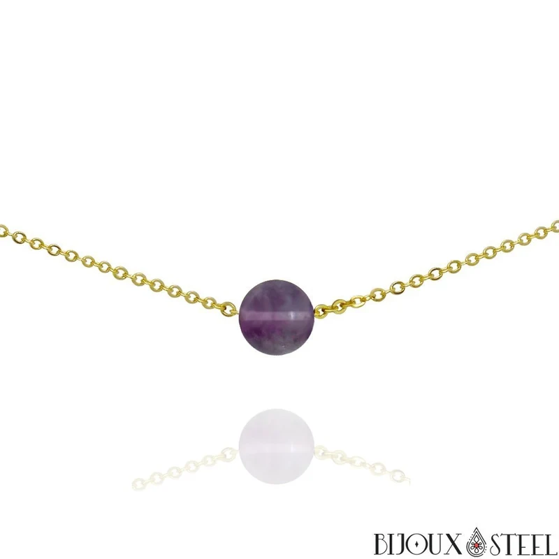 Collier à perle de fluorite violette en acier inoxydable