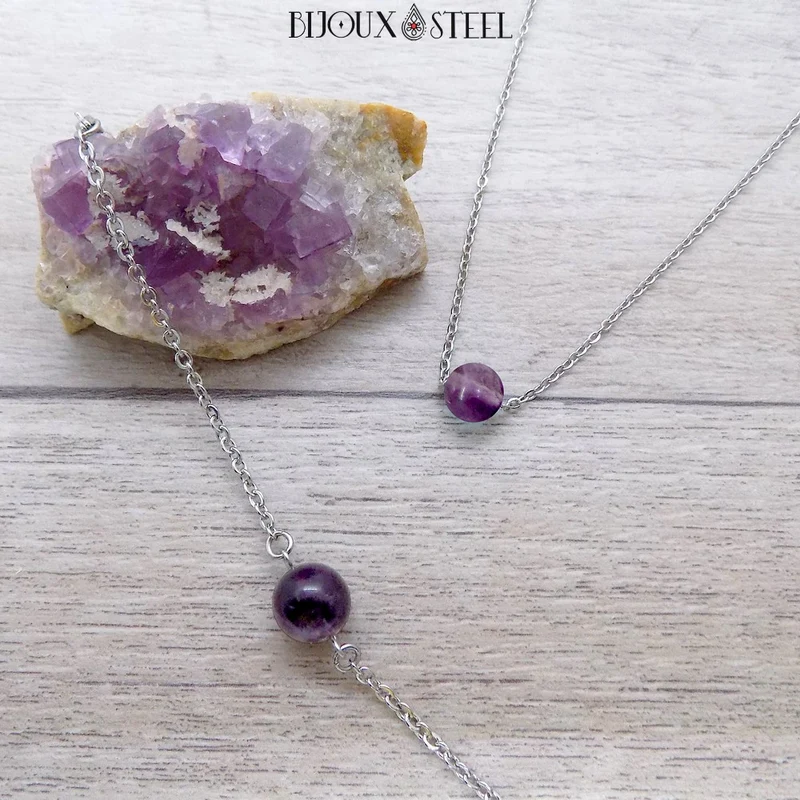 Collier à perle de fluorite violette en acier inoxydable