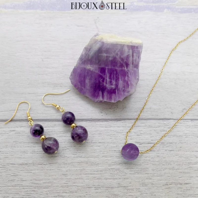 Collier à perle de fluorite violette en acier inoxydable