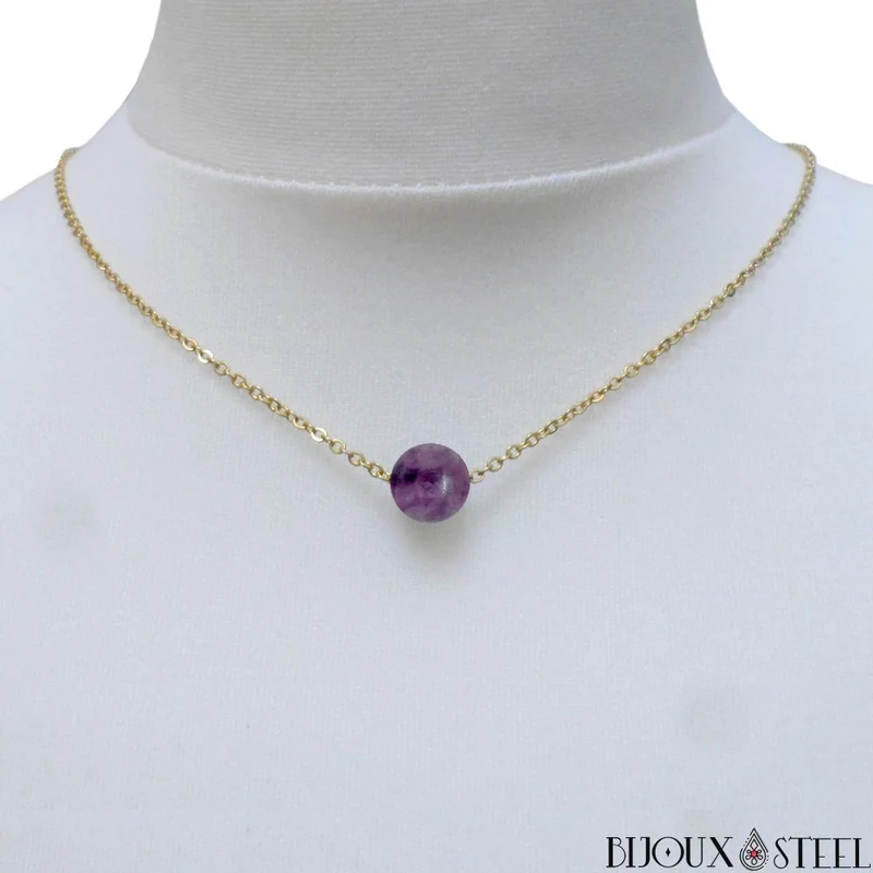 Collier à perle de fluorite violette en acier inoxydable