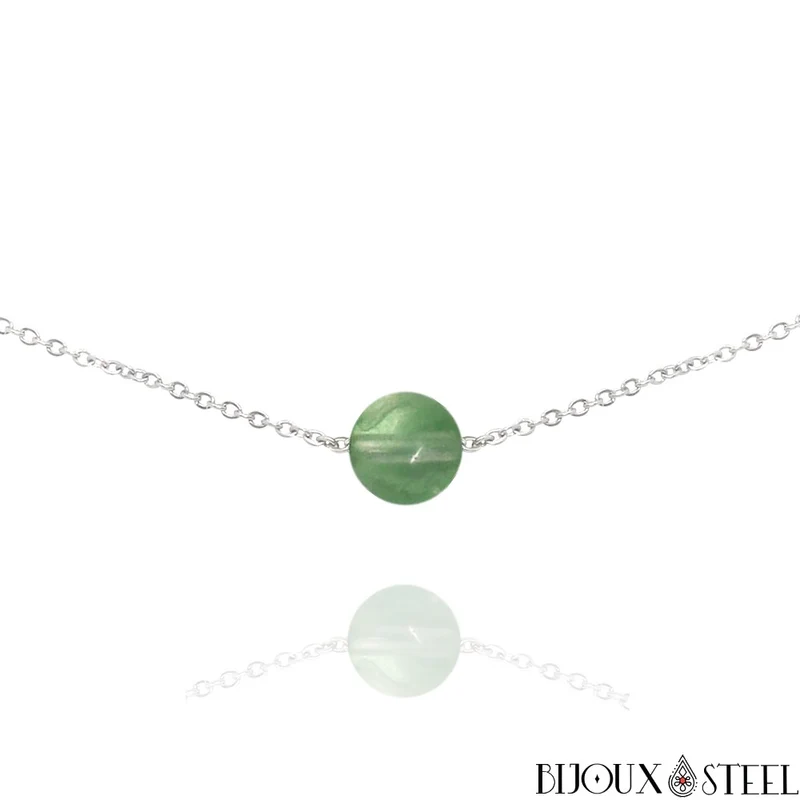 Collier à perle de fluorite verte en acier inoxydable