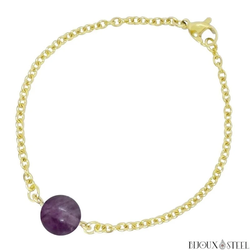 Bracelet à perle de fluorite violette en acier inoxydable