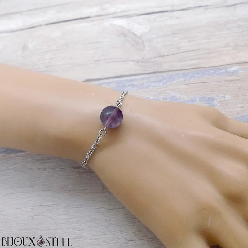 Bracelet à perle de fluorite violette en acier inoxydable