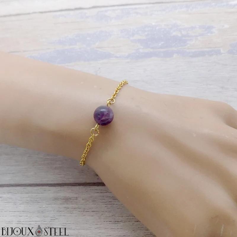 Bracelet à perle de fluorite violette en acier inoxydable