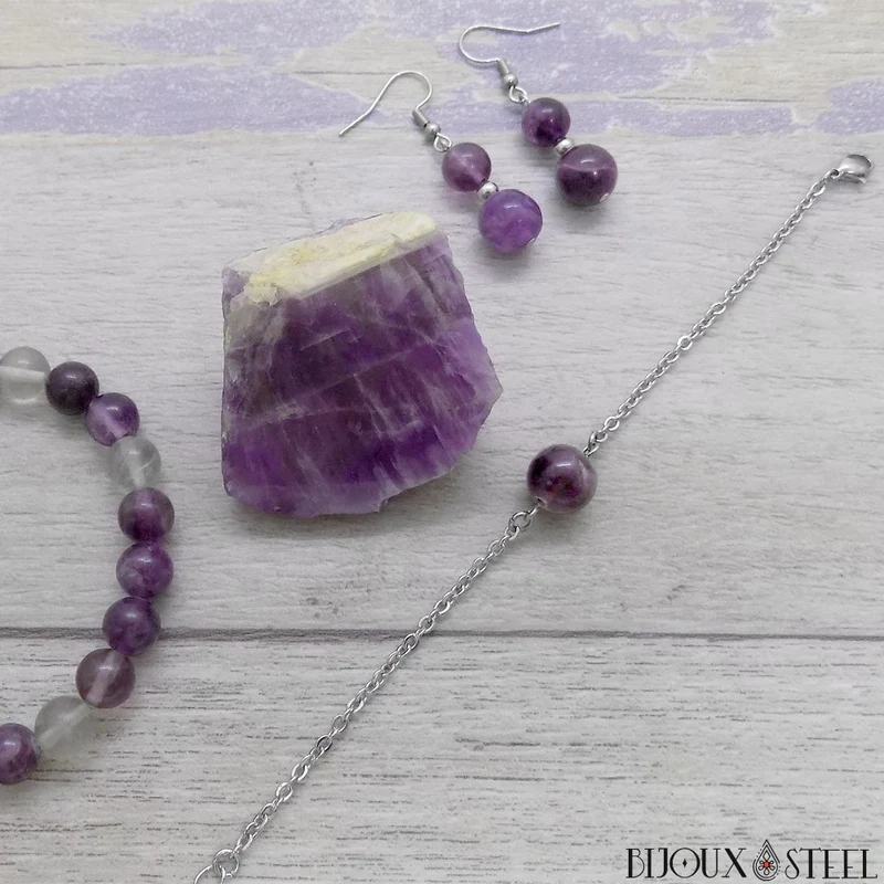 Bracelet à perle de fluorite violette en acier inoxydable