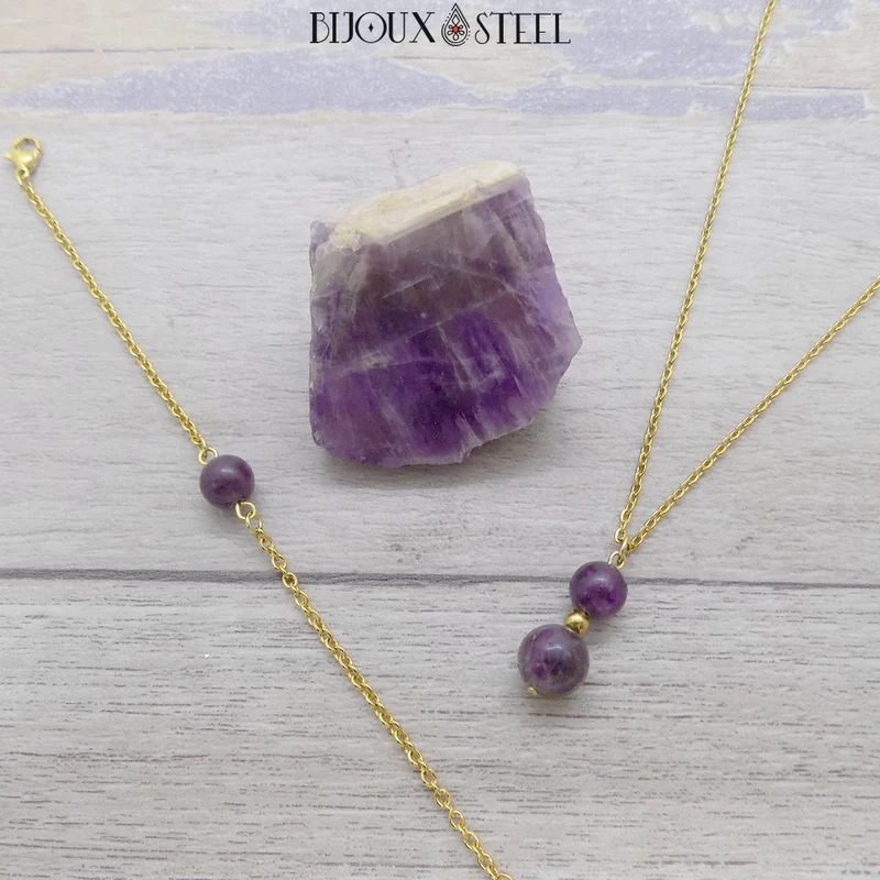 Bracelet à perle de fluorite violette en acier inoxydable